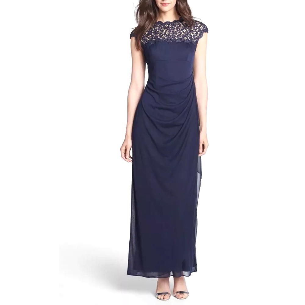 Alex Evenings Navy Blue Lace Chiffon Ruffle Column Gown Size 12